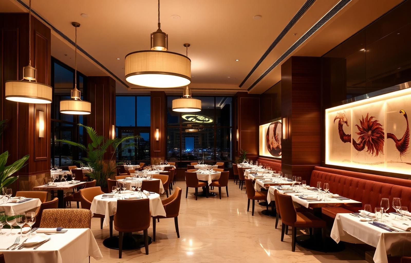 Metro Restaurant interior with set dining tables and warm pendant lighting